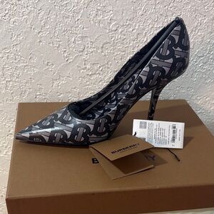 Burberry Grey and Black TB Monogram Pointed Toe Stiletto Pump
